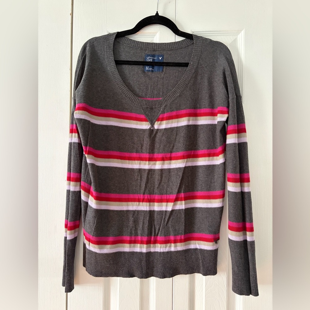 American Eagle Outfitters Gray Scoop Neck Sweater with Stripes